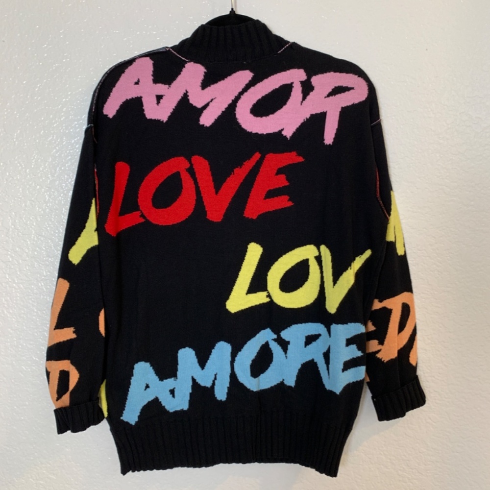 Peace Love World Cardigan Sweater XXS NWOT Black Love Theme Snaps Cozy Artsy - Picture 12 of 15